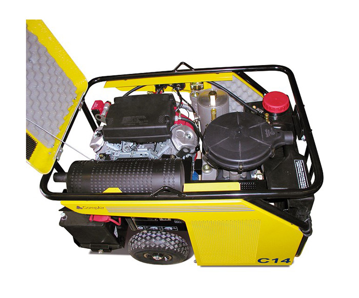 CompAir C14 with the cover open, showing the Honda engine and compressor airend