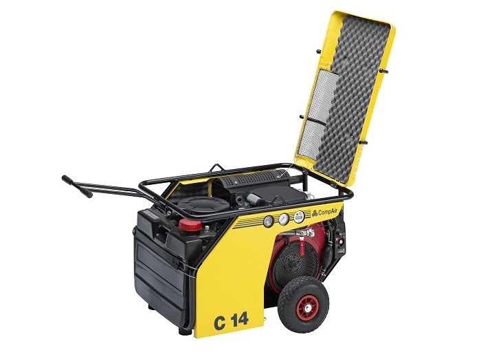 CompAir C14 petrol portable compressor with its lid open and tow handle out