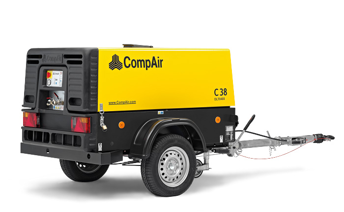 CompAir C38 diesel portable compressor on a braked trailer, side view