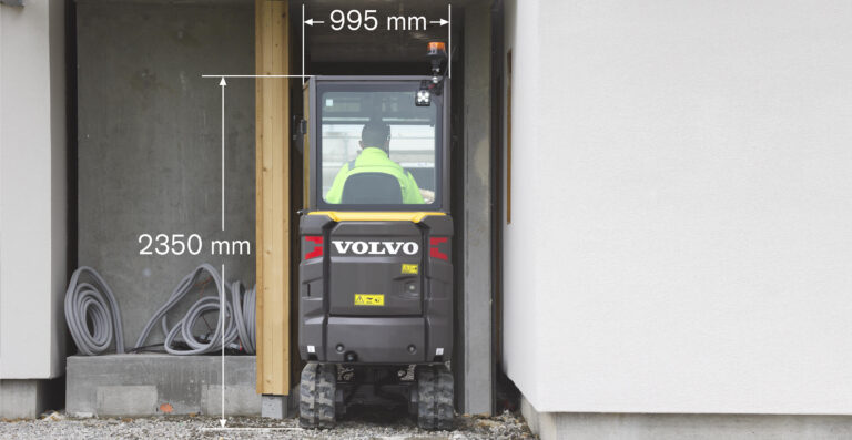 Volvo compact excavator in a doorway, 995 mm wide and 2,350 mm high
