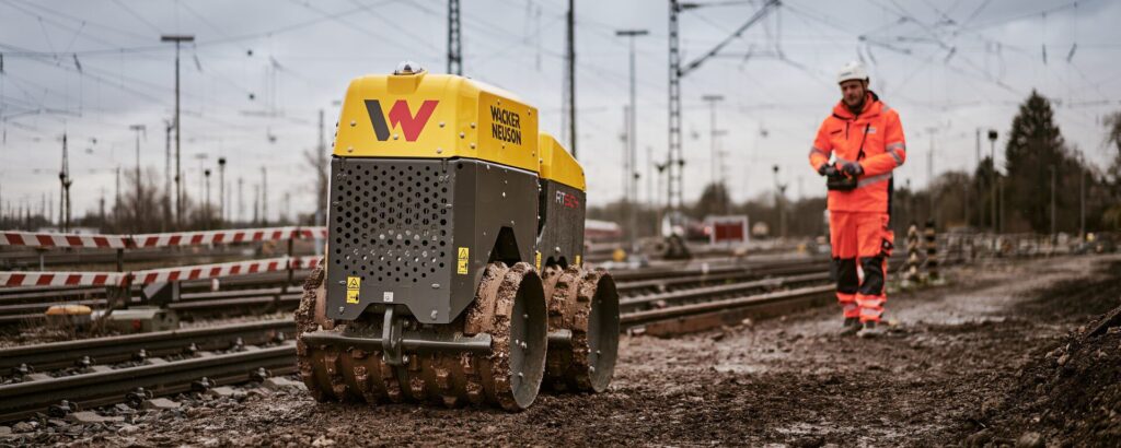 Operator driving a Wacker Neuson RTD-SC4 trench roller by remote control